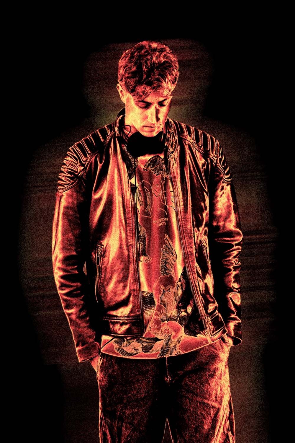 DOCTHOR in a leather jacket, glowing ember-red portrait on black